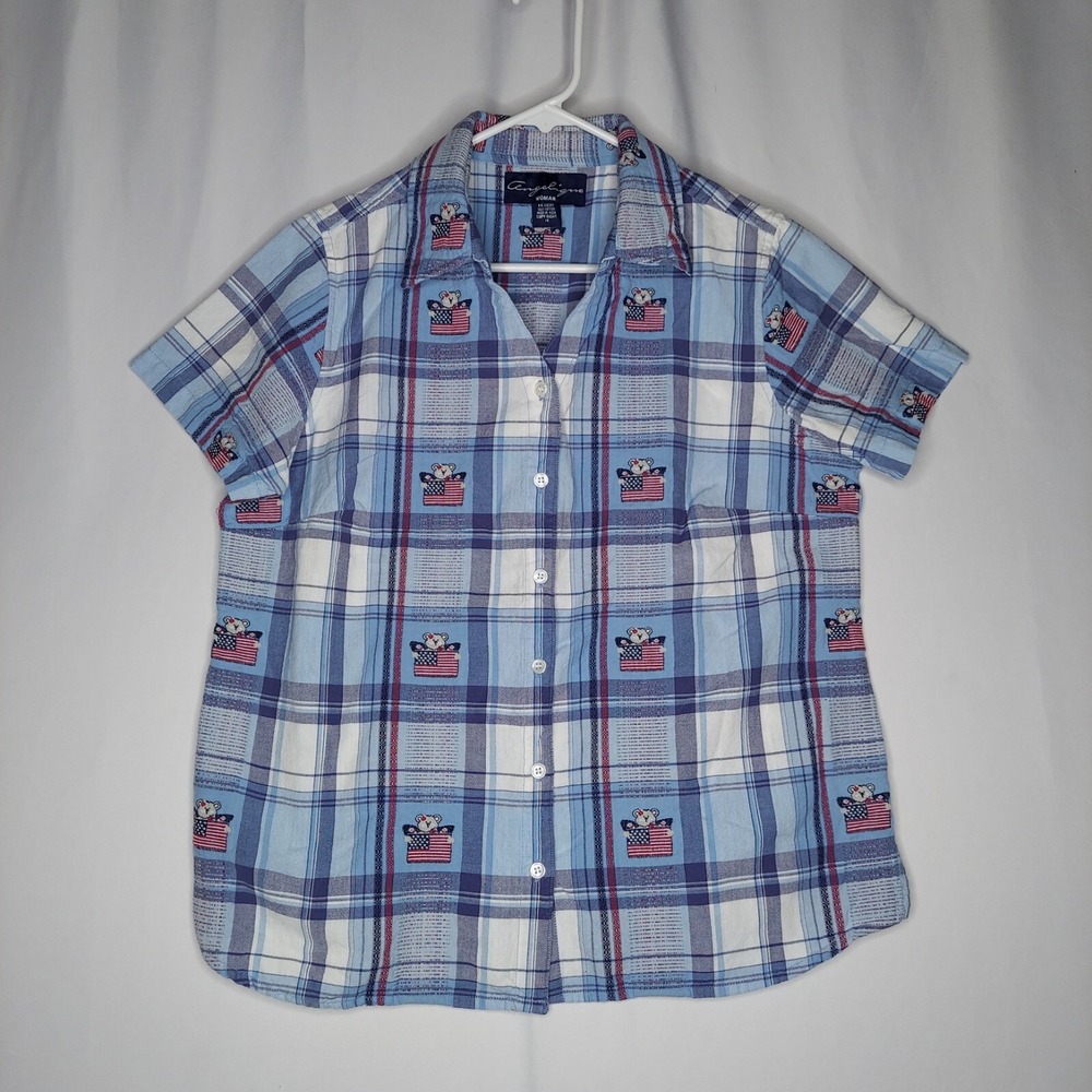 Angelique Vtg 90s Patriotic Top 1X USA Flag Bears Plaid Button Collar Short Slv